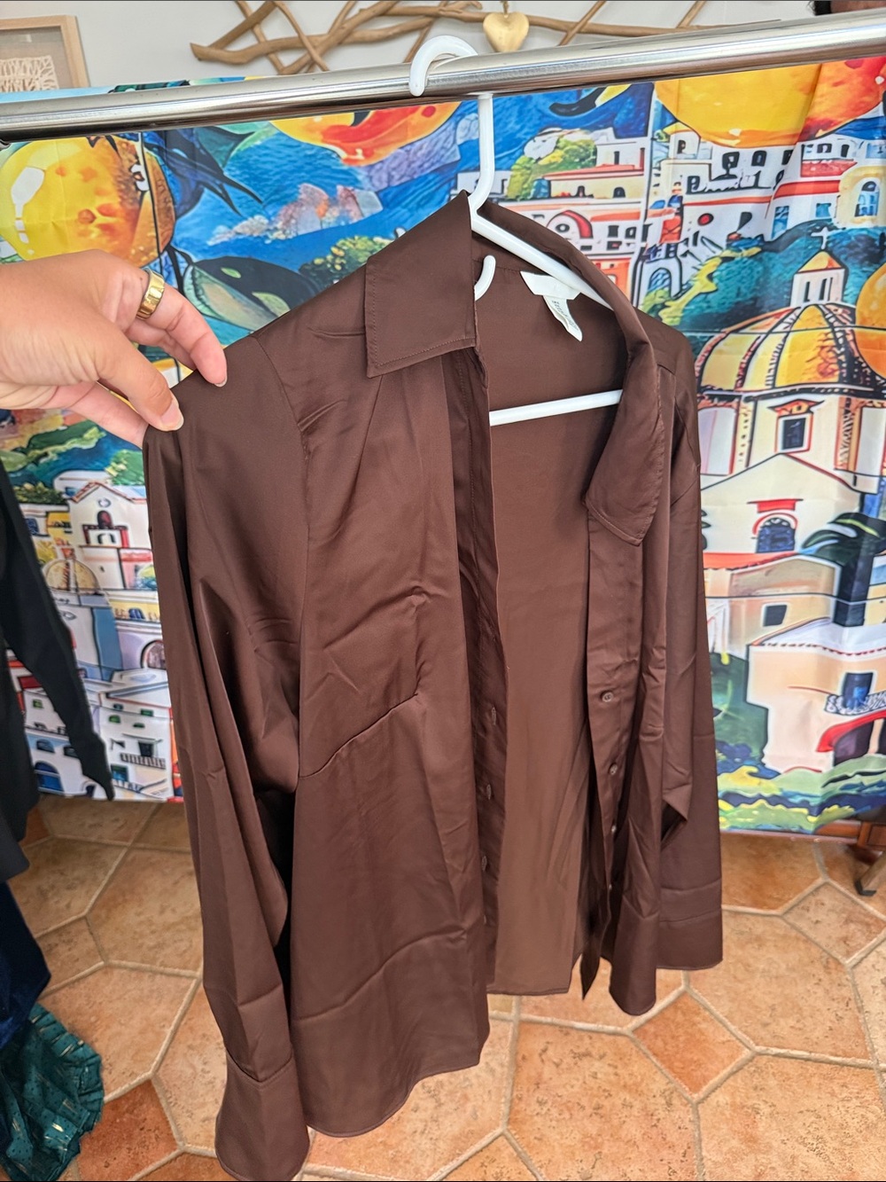 Men's Brown Satin Button-Up Shirt